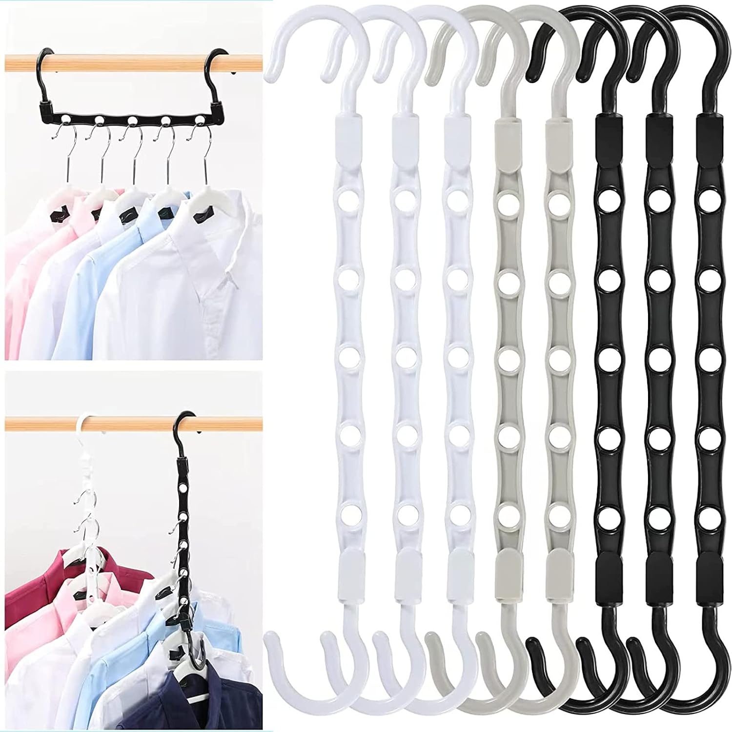 16 Pack Sturdy Plastic Closet Organizer Hanger, Black & White & Gray Magic Closet Organization Smart Clothes Hanger Storage Space Saving, Suit for Dorms, Bedroom, Apartments Men