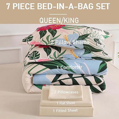 Miniatura 6 de Yogeneg Juego de edredón de 7 piezas en una bolsa, tamaño Queen, juego de ropa de cama beige, diseño reversible con patrón de hojas verdes y flores