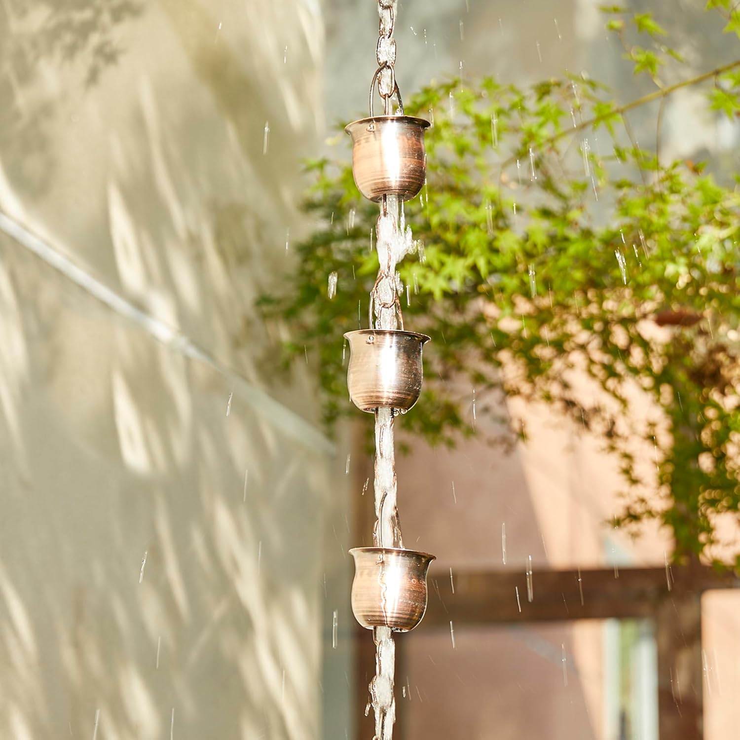 Glitzhome 8.5ft Rain Chain for Gutters 15-Piece Faux Copper Cup Shaped Catcher Replacement for Downpout