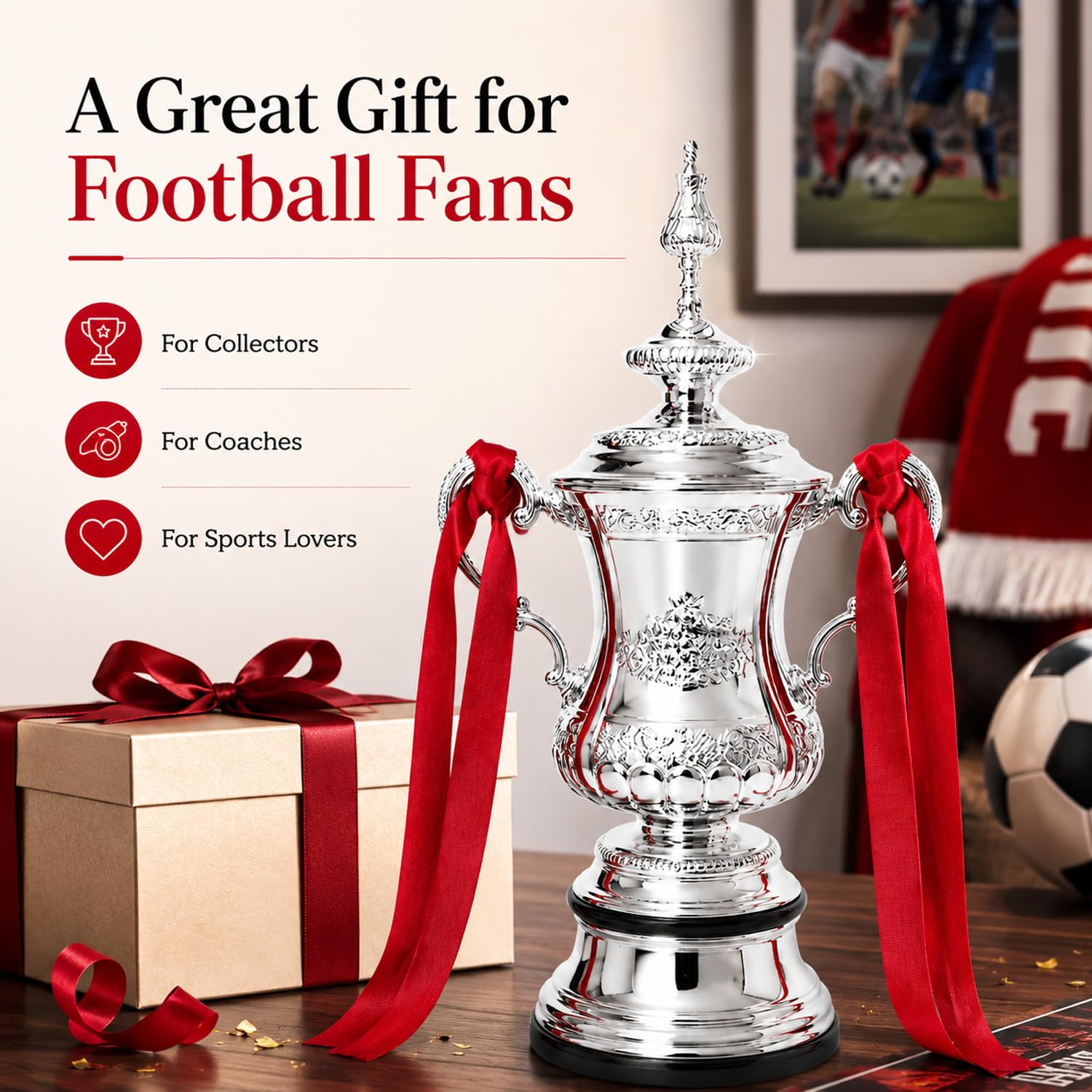 English FA Cup Meisterschale Trophäe Replik, Fußball Sieger Pokal | Volle Größe Silberharz Liga Champions Pokal, Fanartikel Geschenk, Sammler, Souvenir, Büro, Regal, Fanraum