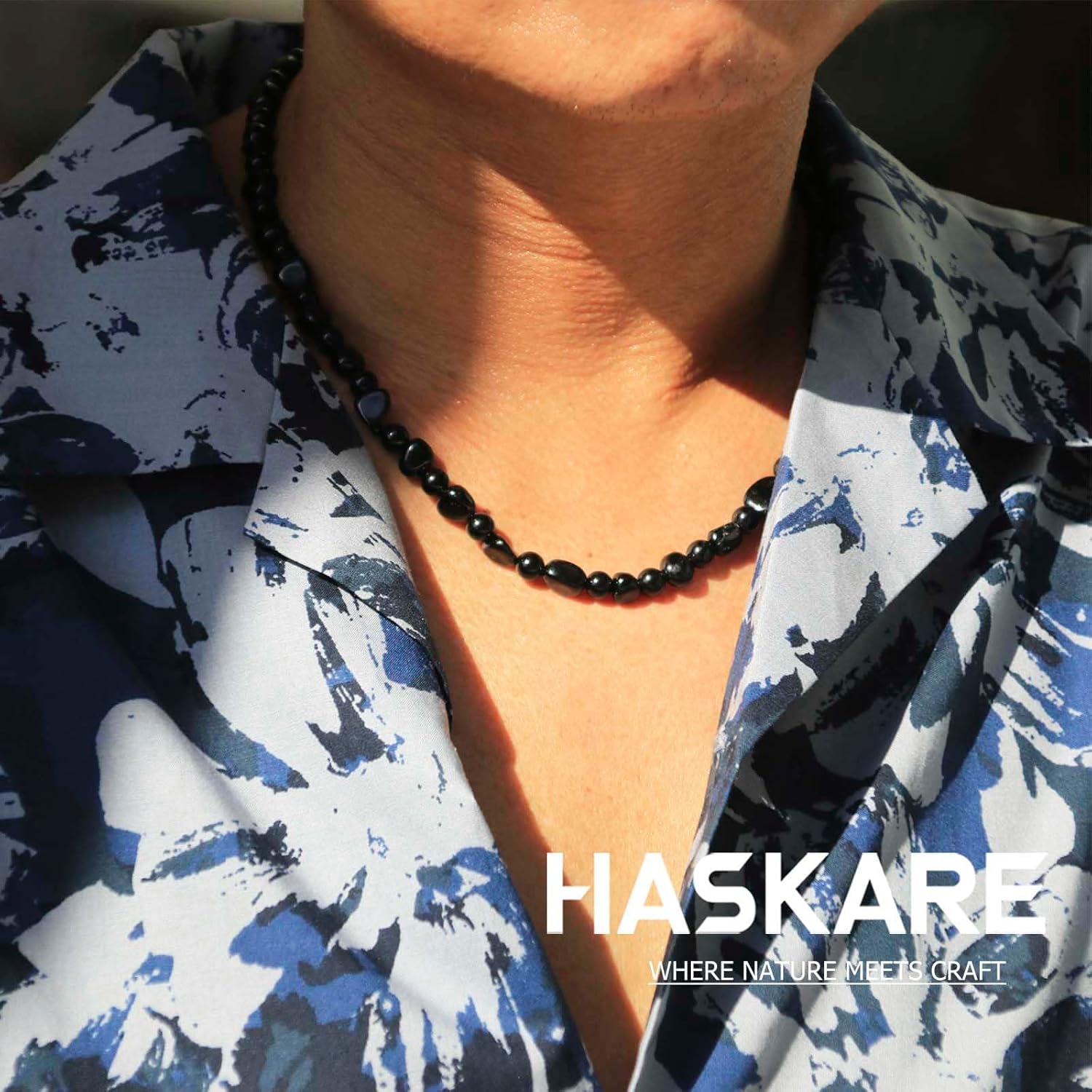 HASKARE Natural Stone Beaded Necklaces for Men Genuine Black Tourmaline Obsidian Protection Necklace, Unique Beads Necklace Healing Crystal Mens Choker Necklace Ideal Gift for Father's Day Christmas