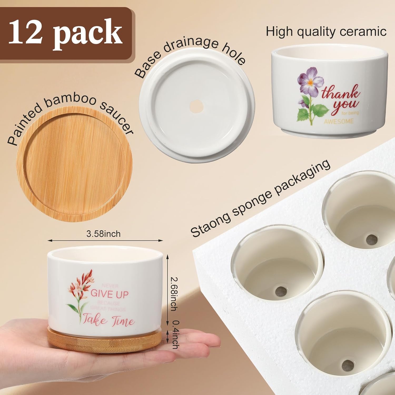 12 Pcs Inspirational Succulent Pot Bulk Teacher Appreciation Gift Floral Ceramic Planter with Bamboo Tray Thank You Gifts for Volunteer Coworker Employee Office, Plant Excluded (Stylish)