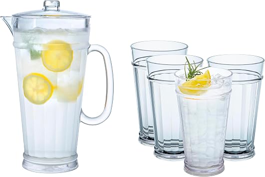 bzyoo 64oz 2 Quarts Liberty Clear Water Pitcher with Lid& bzyoo 21oz Liberty Highball Tumbler Set 4 Piece