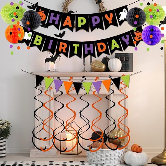 Halloween Birthday Party Decorations, Happy Birthday Banner with Honeycomb Ball Swirl Streamers Circle Dot Garland Triangle Pennant for Boys Girls Men Women Halloween theme Party Decoration