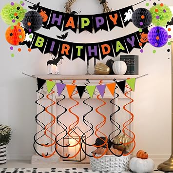 Halloween Birthday Party Decorations, Happy Birthday Banner with Honeycomb Ball Swirl Streamers Circle Dot Garland Triangle Pennant for Boys Girls Men Women Halloween theme Party Decoration