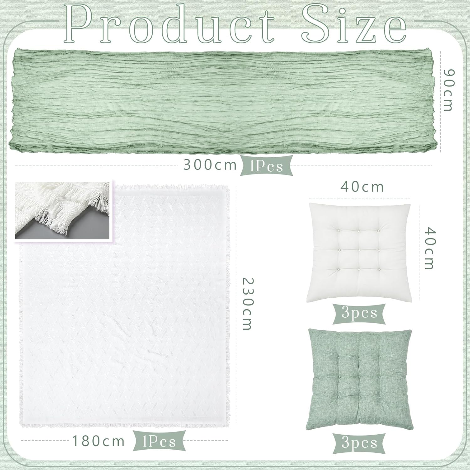 extra large outdoor picnic blanket with table runner and floor pillow cushion for picnic wedding birthday baby shower backyard decor(91 x 71'',sage green,white,8 pcs) sage green,white 8