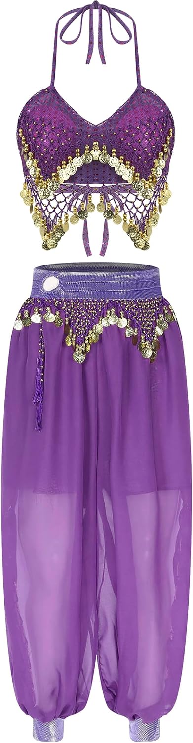 2 Pcs Women Belly Dance Costume Halter Neck Sequins Tassel Crop Top and Side Split Pants Set