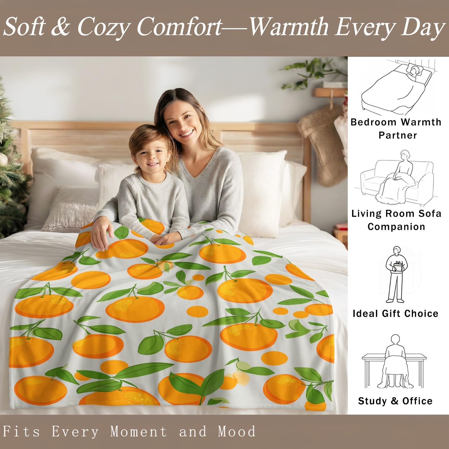 Fresh Fruit Flanelowy koc, uroczy, pomarańczowy, miękki, na łóżko, sofę, kanapę, puszysty koc z mikrofibry, dla dzieci i dorosłych, 150 x 180 cm, pomarańczowy