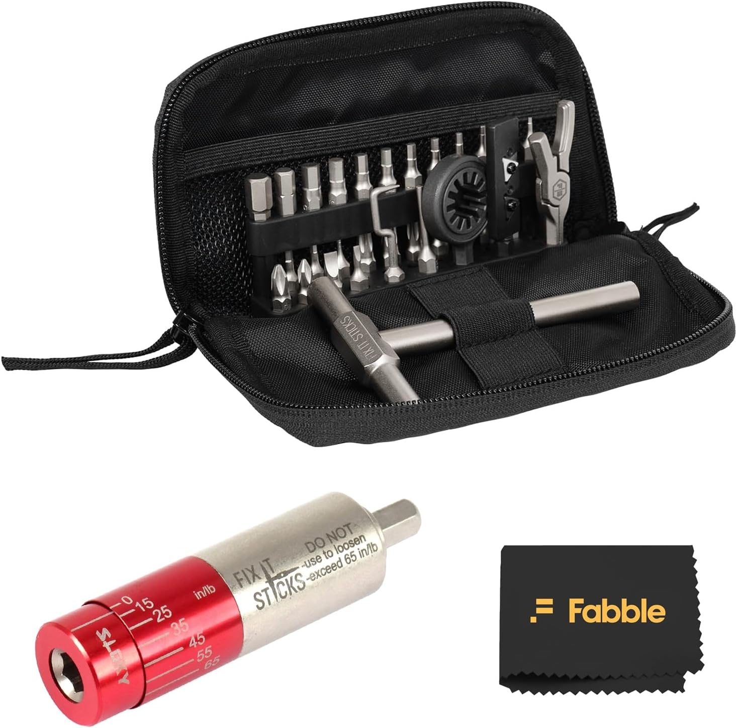 Fix It Sticks Archery Field Maintenance Toolkit with T-Handle, 34-Piece Bit Set, Broadhead Wrench and Sharpener, Bundle with 15-65 Inch Lbs All-in-One Torque Driver for Precision Bow Tuning