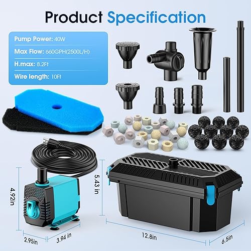 Miniatura 6 de POPOSOAP Filtro de estanque con kits de fuente de bomba, filtro de estanque de 660 GPH con bomba de estanque de 40 W y kit de fuente, filtros de