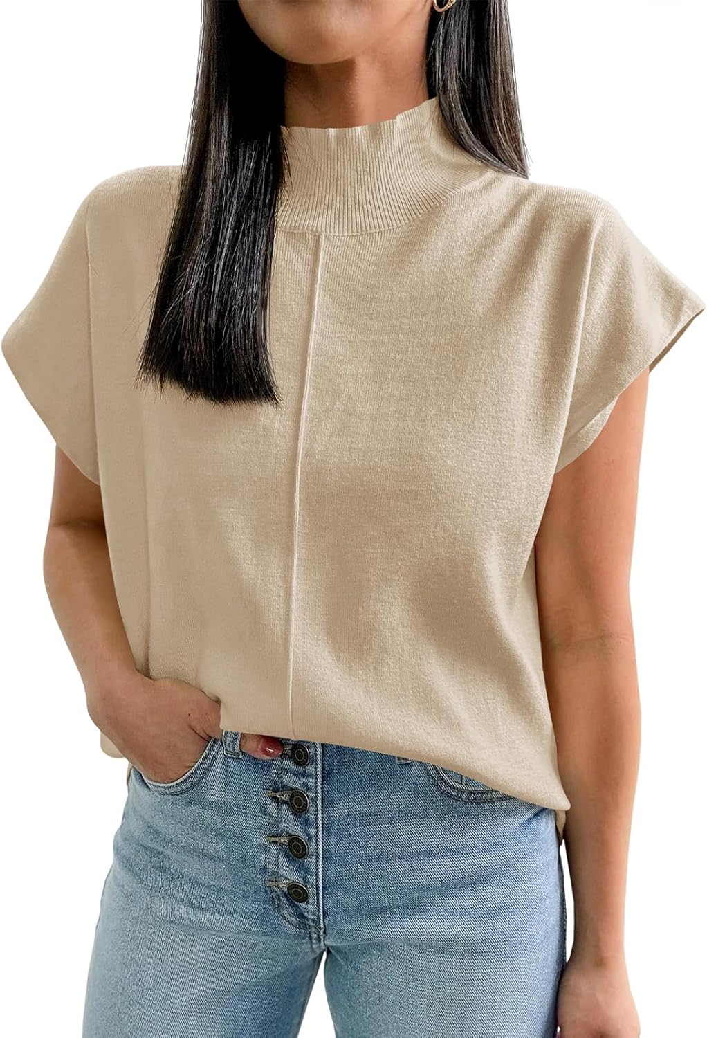 Saodimallsu Womens Summer Cap Sleeve Tops Mock Neck Knit Sweater Vest Sleeveless Work Elegant Shirts