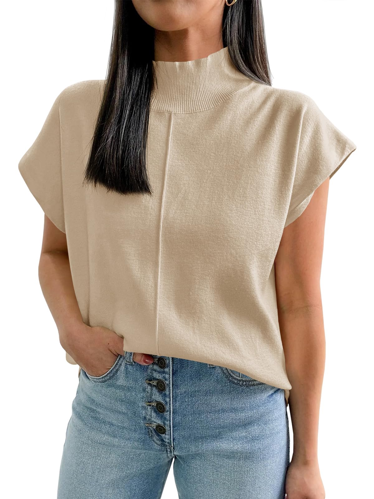 Saodimallsu Womens Summer Cap Sleeve Tops Mock Neck Knit Sweater Vest Sleeveless Work Elegant Shirts