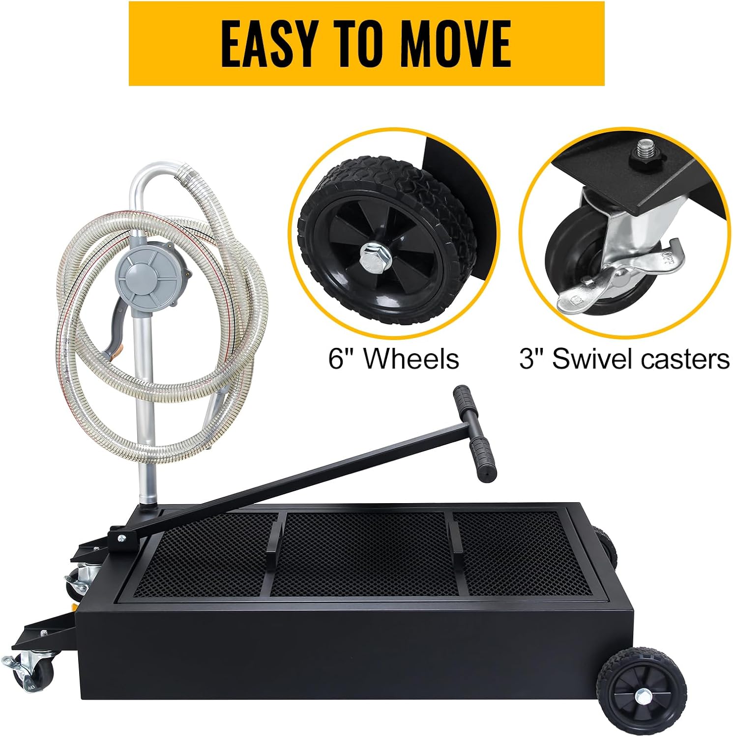 Oil Drain Tank, 20-Gallon Low Profile Oil Drain Pan with Pump, Ergonomic Handle, Hose, Swivel Casters, Fit for Car, SUV, and Truck Maintenance and Oil Change