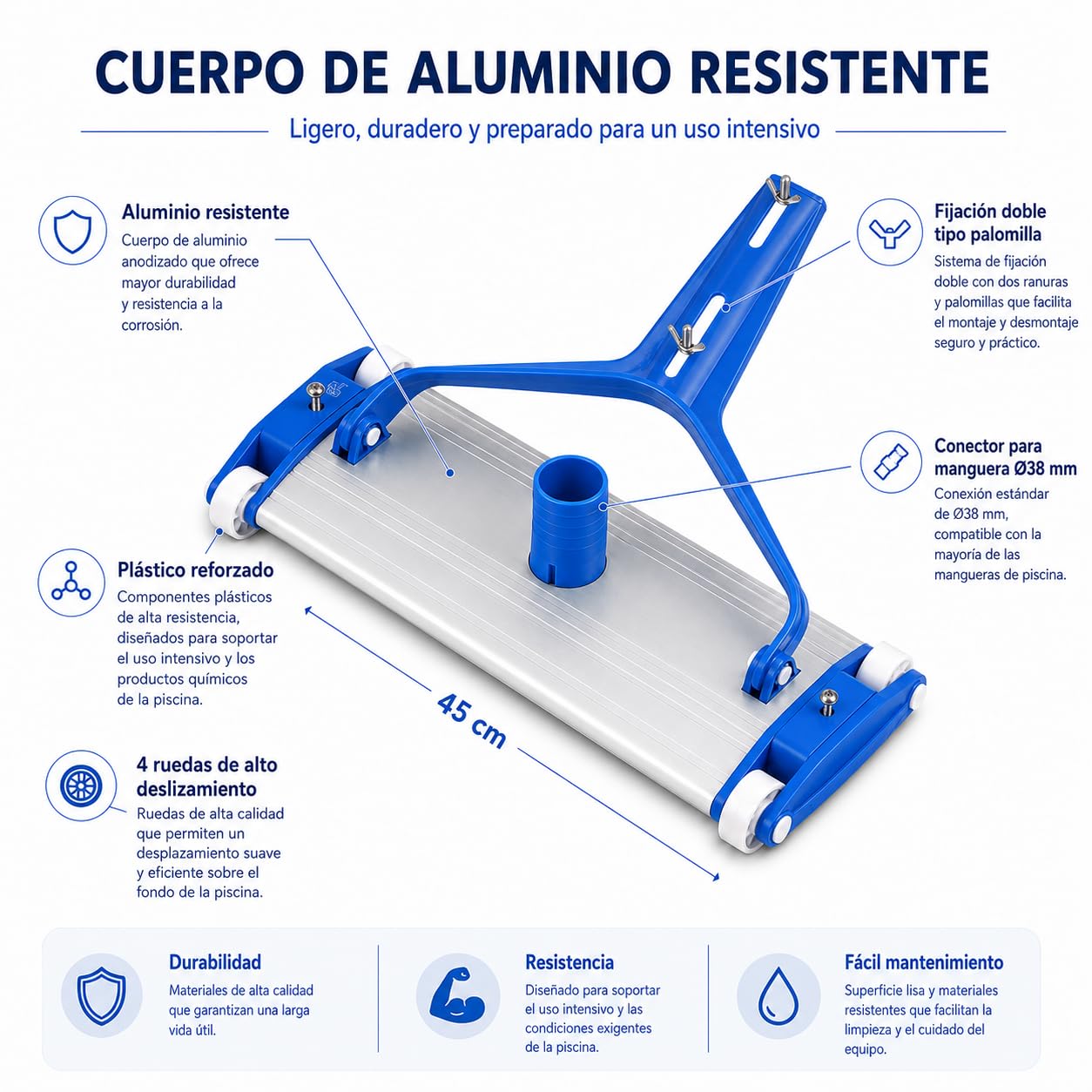 Limpiafondos de aluminio para piscina - Fijación palomilla - Cepillos de nylon - 4 ruedas - 45 cm Dpool