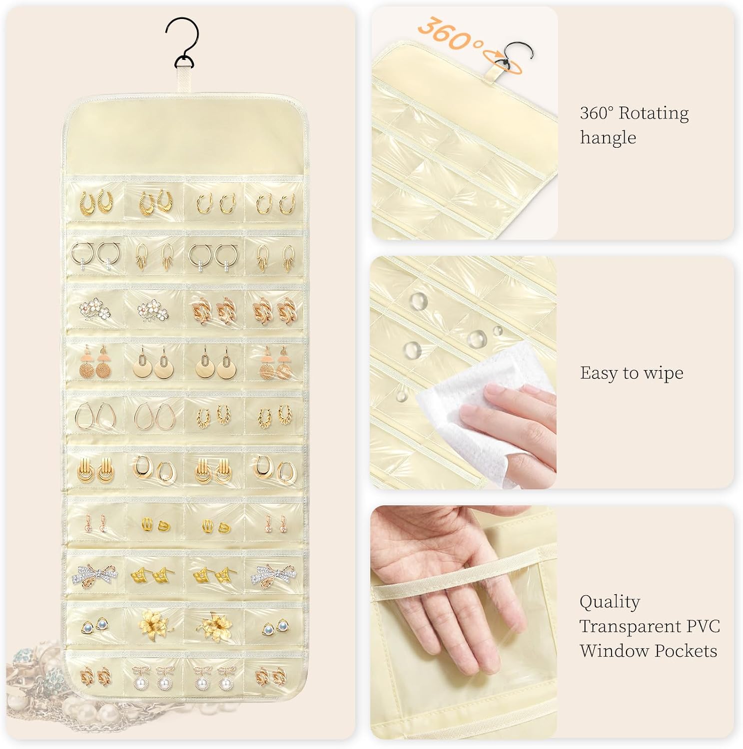 FOREGOER Hanging Jewelry Organizer Roll with 80 Pockets Earring Holding image 2