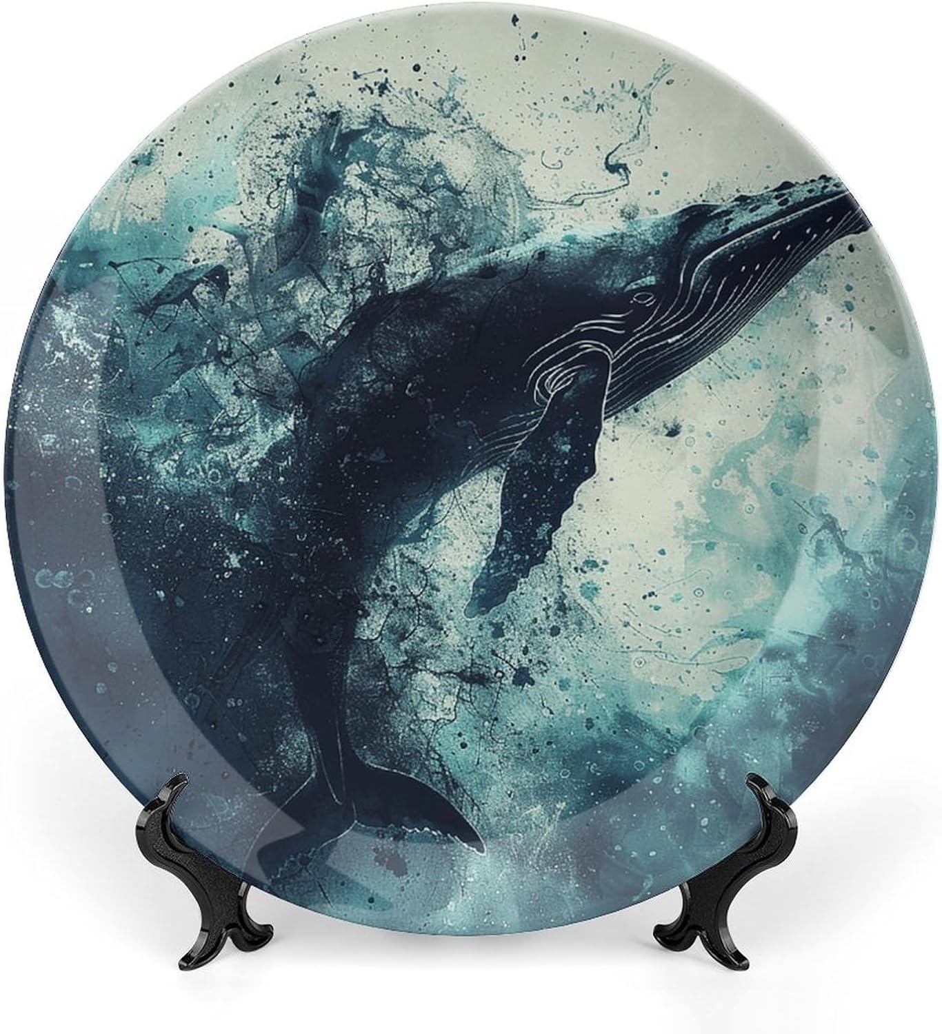 Bone China Decorative Plates Whale in Water Ceramic Decorative Plate Wall Decor with Display Stand Ceramic Ornaments for Wall Hanging Decoration