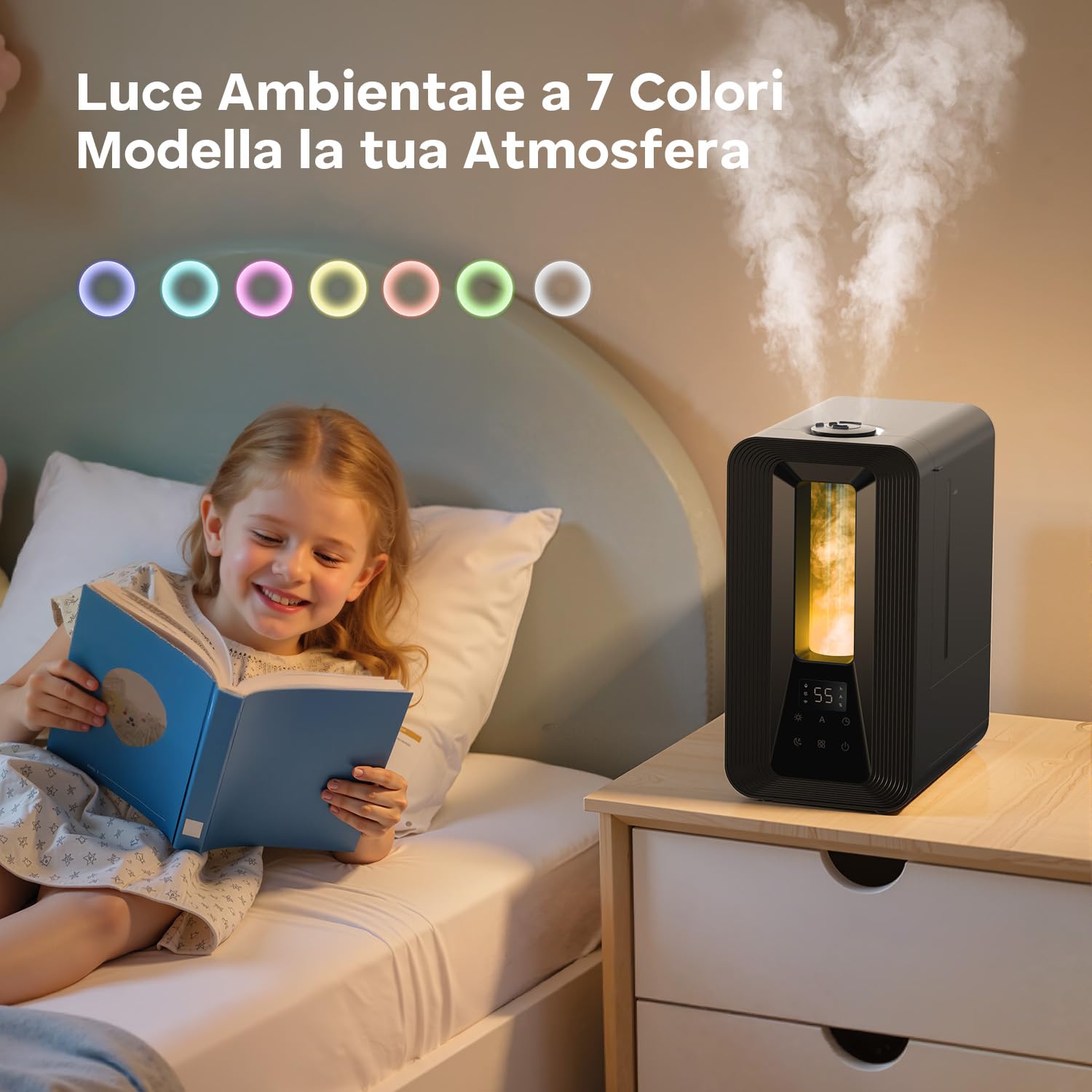AROEVE 5L Umidificatore Ambiente, Nebbia Fresca Ricarica Dall'Alto Umidificatore Ultrasonico con Diffusore Aromi, Igrostato Smart, Luce Ambientale, 50h/25dB Silenzioso per Casa ufficio Bambini Piante