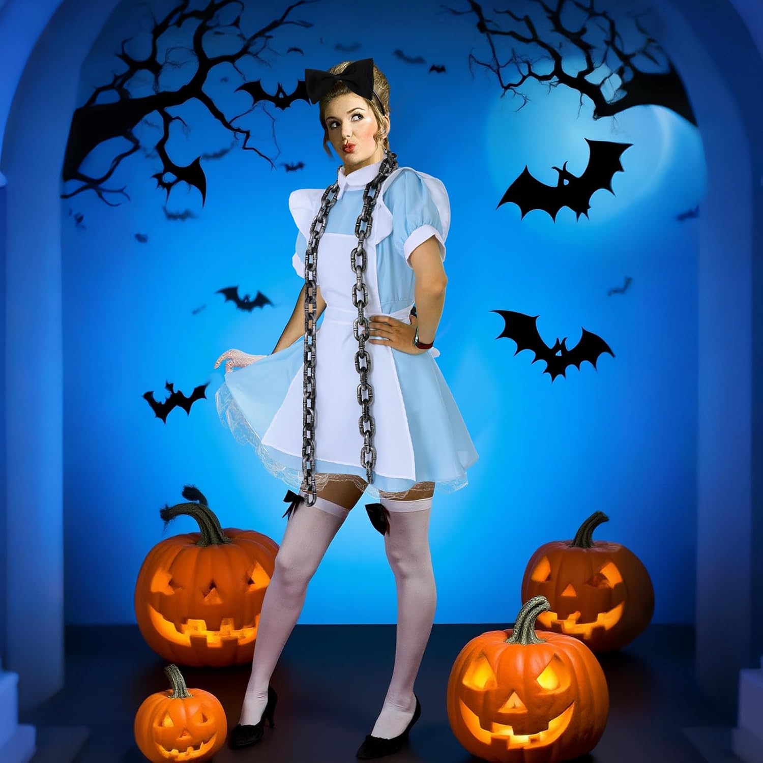 Mepase 5 Pcs Halloween Grunge Band Costume Wonderland in Chains Costume Blue Maid Dress Vintage Chains Set for Women Cosplay - Image 6