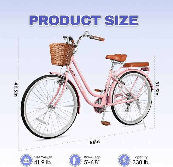 26 Inch Beach Cruiser Bike for Women, Hybrid Womens Bike with 7 Speed, Adjustable Seat, Lightweight Women Beach Cruiser Bike with Anti-Skid Tires, V-Brakes (Double Ba, Pink)