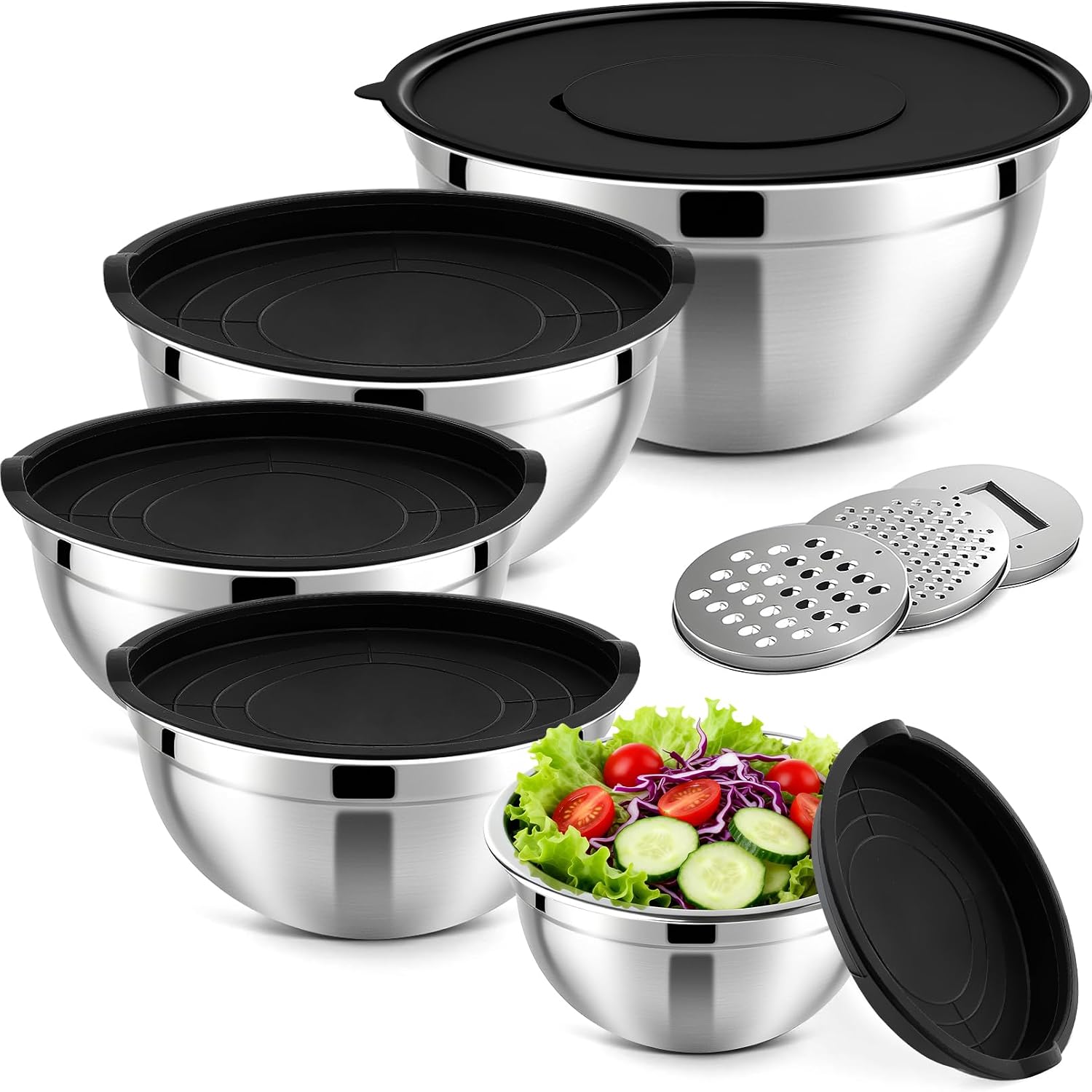 5 Pcs Mixing Bowls with Airtight Lids, Stainless Steel Mixing Salad Bowls with 3 Grater Attachments, Nesting Bowl for Kitchen Cooking, Prepping, Serving, Baking, 0.75/1/1.5/2.5/4.5QT, Black