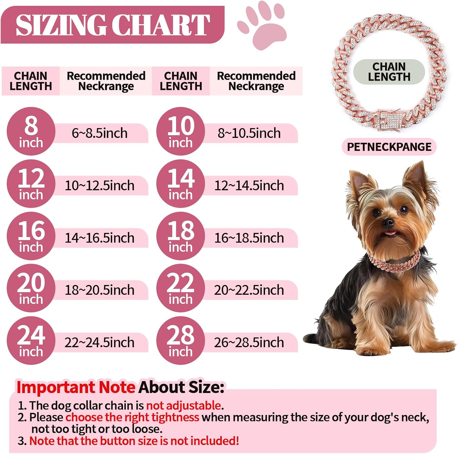 Cuban Dog Chain Collars, Rose Gold Crystal Pet Necklace, Metal Pet Necklace with Safety Buckle Lock, for Small Medium Large Dogs Cats (8 Inch) image 2