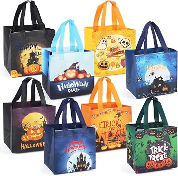 ORNACELE 8PCS Halloween Bags, Halloween Tote Bags with Handles, Party Favor Container, Non-Woven Halloween Bags for Gift Wrapping, Trick or Treat, Halloween Party Supplies, 8.3"7.9"5.9"
