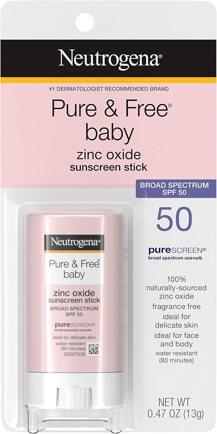 Neutrogena Pure & Free Baby Mineral Sunscreen Stick met Broad Spectrum SPF 50 & Zinc Oxide, Waterbestendig, Hypoallergeen, Paraben, Dye- & PABA-Free Baby Face & Body Zonnebrandcrème, 0,47 oz