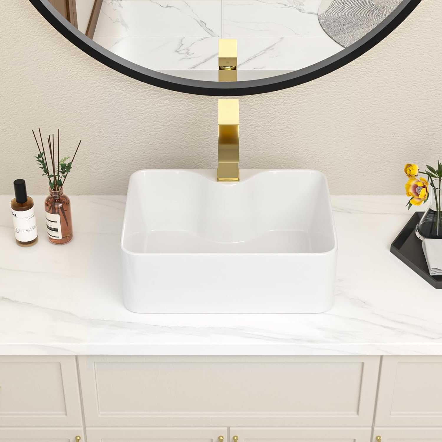 Bathroom Vessel Sink 16" x 12" Rectangle Vessel Sink With Gold Faucet And Gold Drain Combo Bowl Sink Bathroom Sinks Countertop Rectangular White Farmhouse Lavatory Vanity Sink Basin