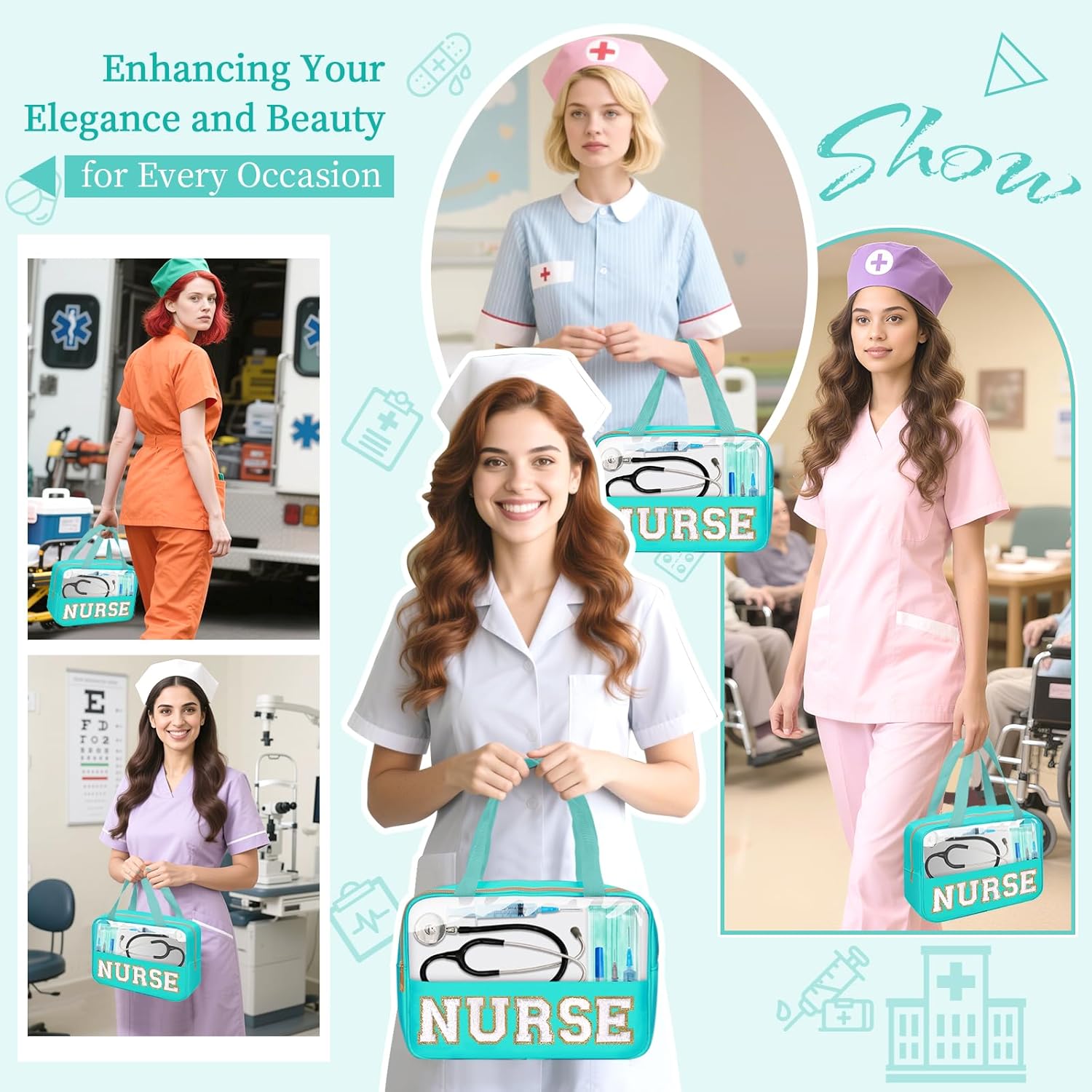 Nurses Week Gifts Chenille Letter NURSE Makeup Bag for Women,Preppy Nurse Cosmetic Pouch Zipper with Handle Nurse Essentials Bag for Work Supplies,Medical Assistant Bag Nursing Students(NURSE-Green) - Image 7