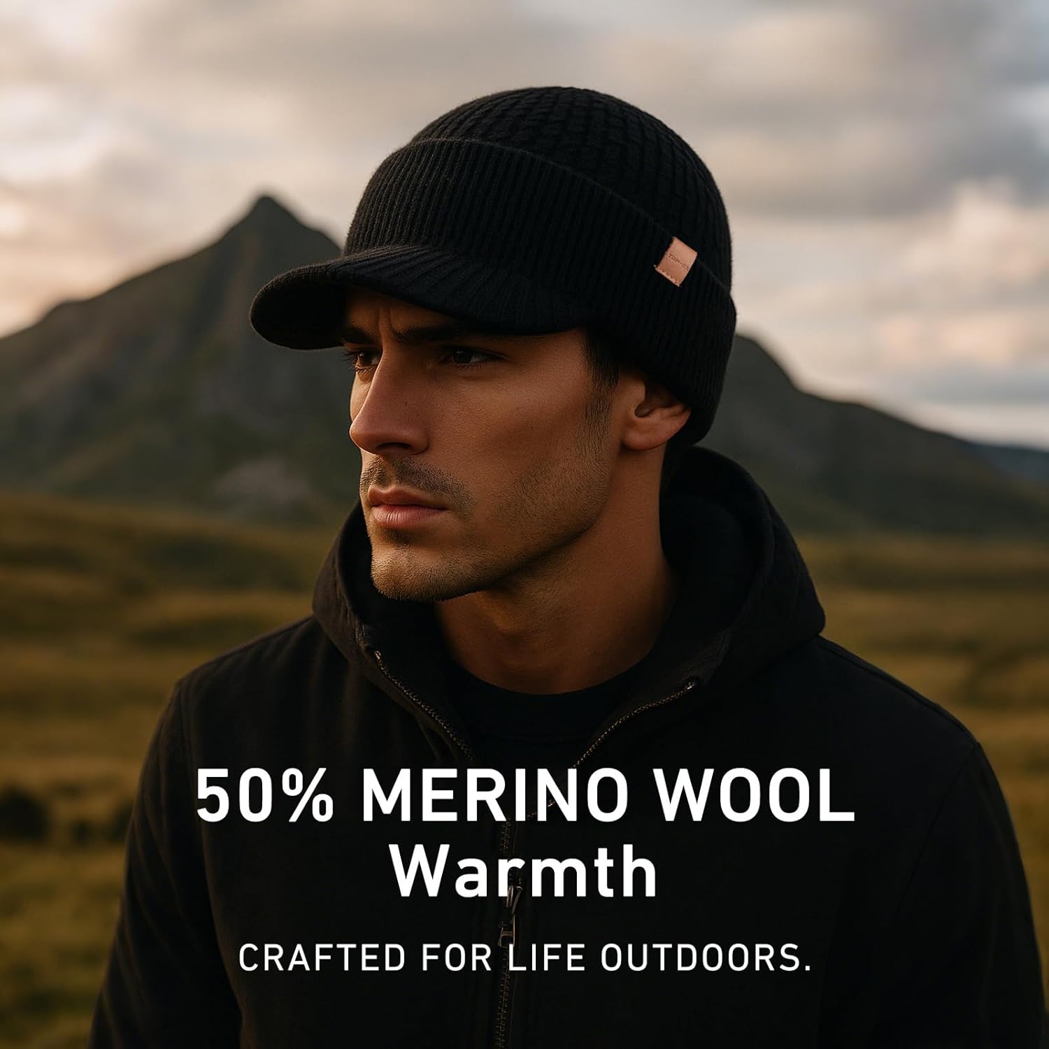 TOP-EX PolarWool™ 50% Merino Wool Winter Hat for Men Fleece Lined Visor Beanie with Brim Outdoor Knit Cap for Cold Weather - Image 2