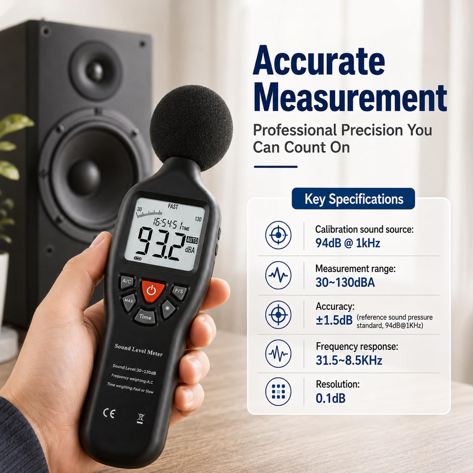 GAIN EXPRESS Handheld Digital Sound Tester poziomu hałasu, kalibrator do miernika poziomu dźwięku 94 dB i 114 dB wyjście klasa I w/bateria +/- 0,3 dB system pomiarowy