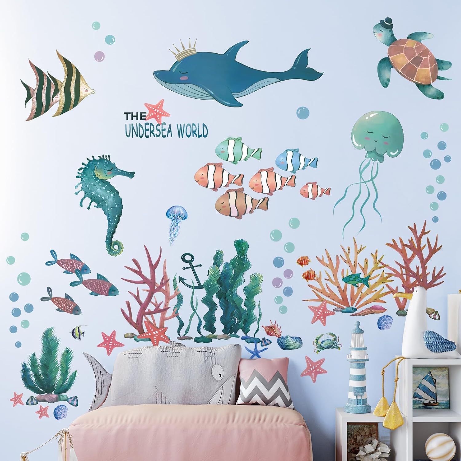 Watercolor Undersea World Wall Decals Removable Ocean Animals Whale Turtle Fish Seahorse Coral Stickers Peel and Stick Art Decor for Kids Bedroom Nursery Bathroom Living Room Home Wall Decoration (A)