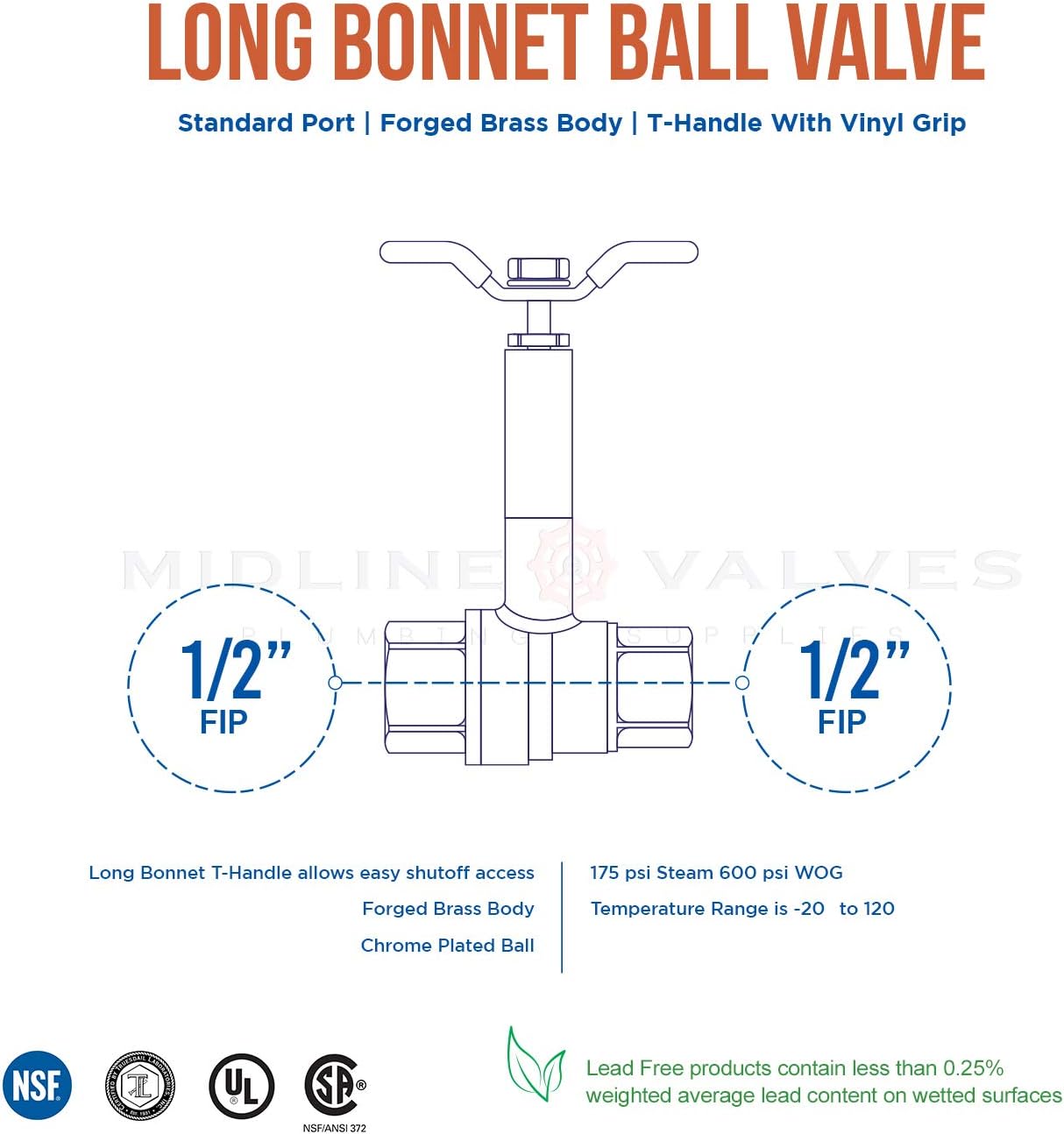 Midline Valve 75344-10 Premium Brass Ball Valve, Long Bonnet with T-Handle with 1/2 in. FIP Connections (10 Pack)