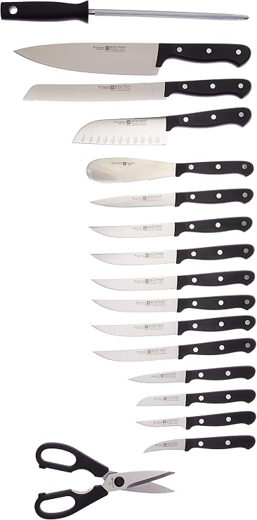 WUSTHOF Gourmet Eighteen Piece Acacia Block Set | 18-Piece German Knife Set | Precise Laser Cut High Carbon Stainless Steel Kitchen Knife Set with 17 Slot Acacia Wood Block Model 9718-6