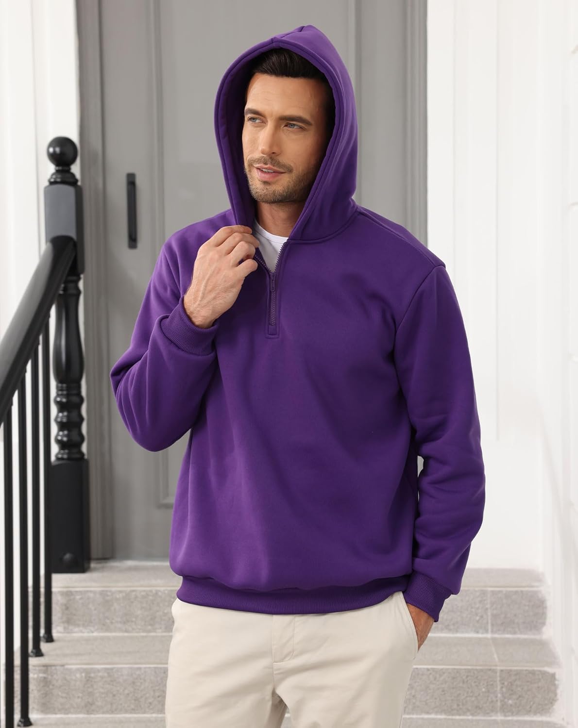 Mens Hoodies Pullover Quarter Zip Hoodie Long Sleeve Casual Fleece Hooded Sweatshirt for men - Image 4