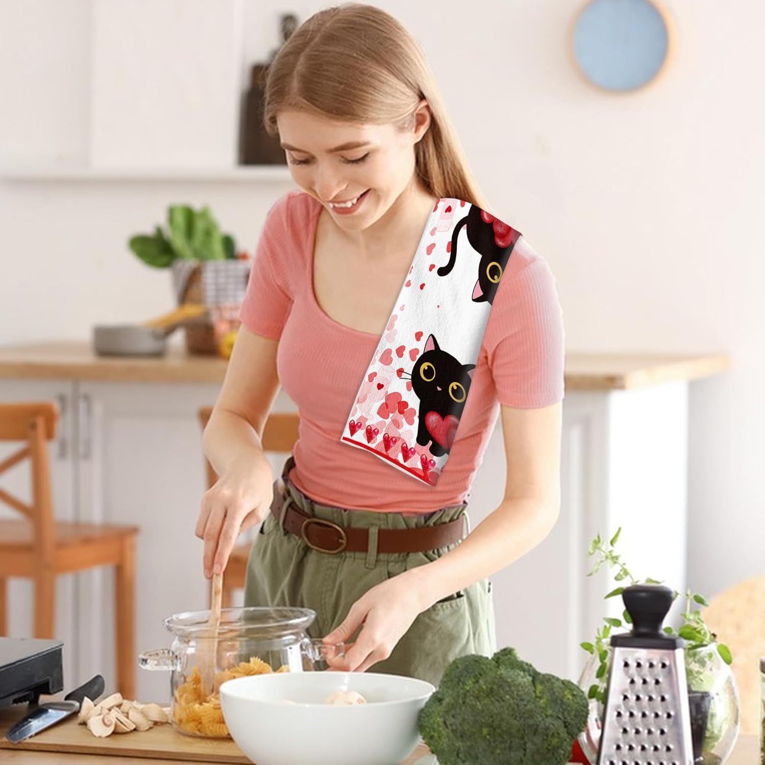 Black Cat Valentines Kitchen Towels Set of 6, Sweet Love Heart Dish Hand Tea Towels Holiday Bathroom Decorations for Valentine's Day Gifts Party Supplies 16x24 Inches - Image 5