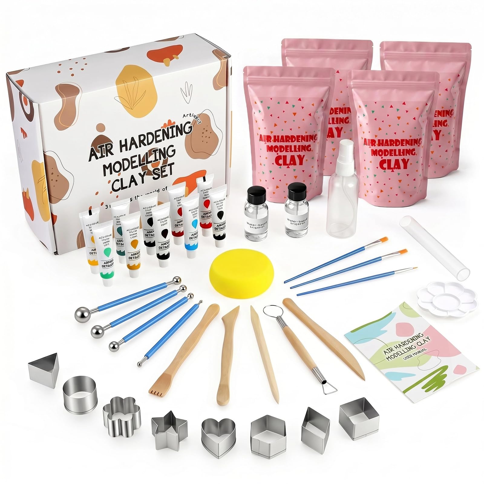 JOVVI Set di argilla essiccante all'aria, 2 kg, per principianti, set fai da te da 41 pezzi con argilla ad asciugatura all'aria, colori e altri accessori, set creativo perfetto per adulti