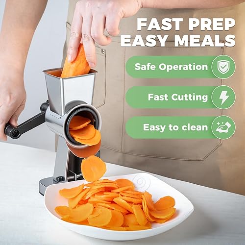 Miniatura 6 de LHS Rallador de queso giratorio de acero inoxidable, triturador manual de queso, rallador de nueces con 3 cuchillas de tambor intercambiables para