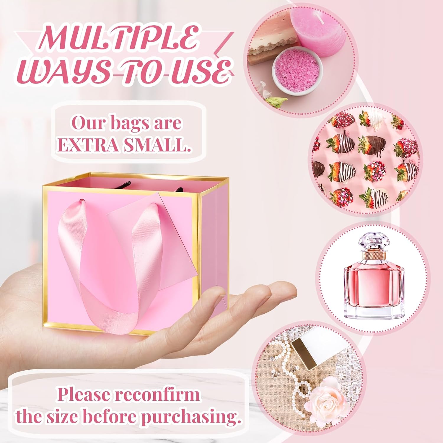 Yeaqee 50 Pcs Mini Metallic Paper Gift Bags with Handle 4x4.75x2.2'' Small Gift Bag DIY Tag Thank You Party Favor for Mother's Day Wedding Graduation Baby Shower Birthday Jewelry (Pink,Gold)