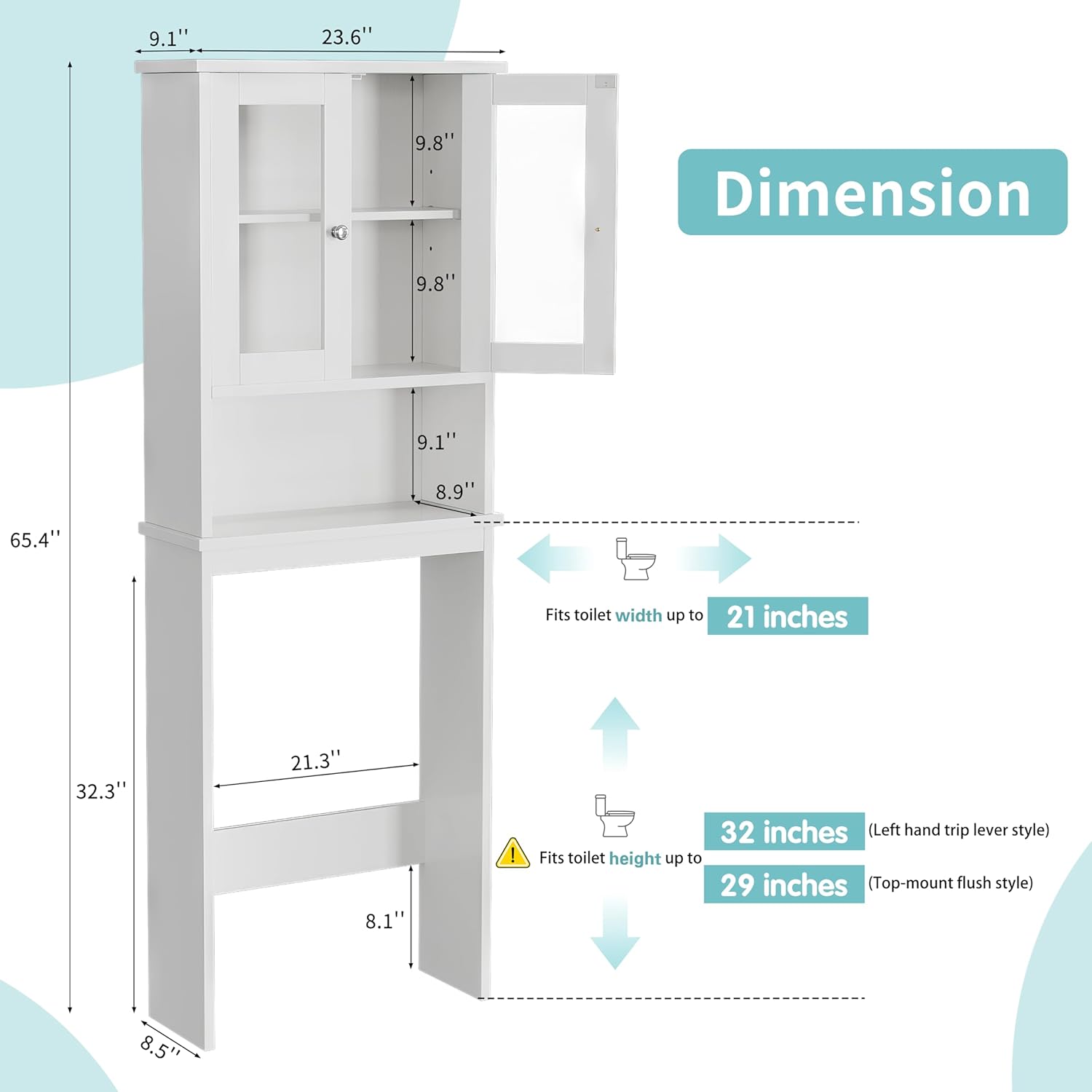 Shintenchi Over the Toilet Storage Cabinet, Bathroom Shelf Organizer with Anti-Tip Device Small Freestanding Space Saver with Adjustable Shelf and Glass Door, White