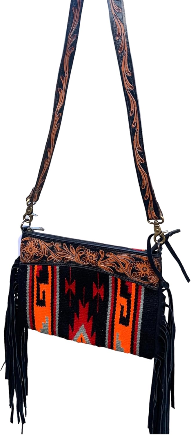 Majestic Ally Hand-Tooled Pure Leather Crossbody Bag, Crafted with Cashmere Wool and Enhanced by Coordinating Leather Fringe