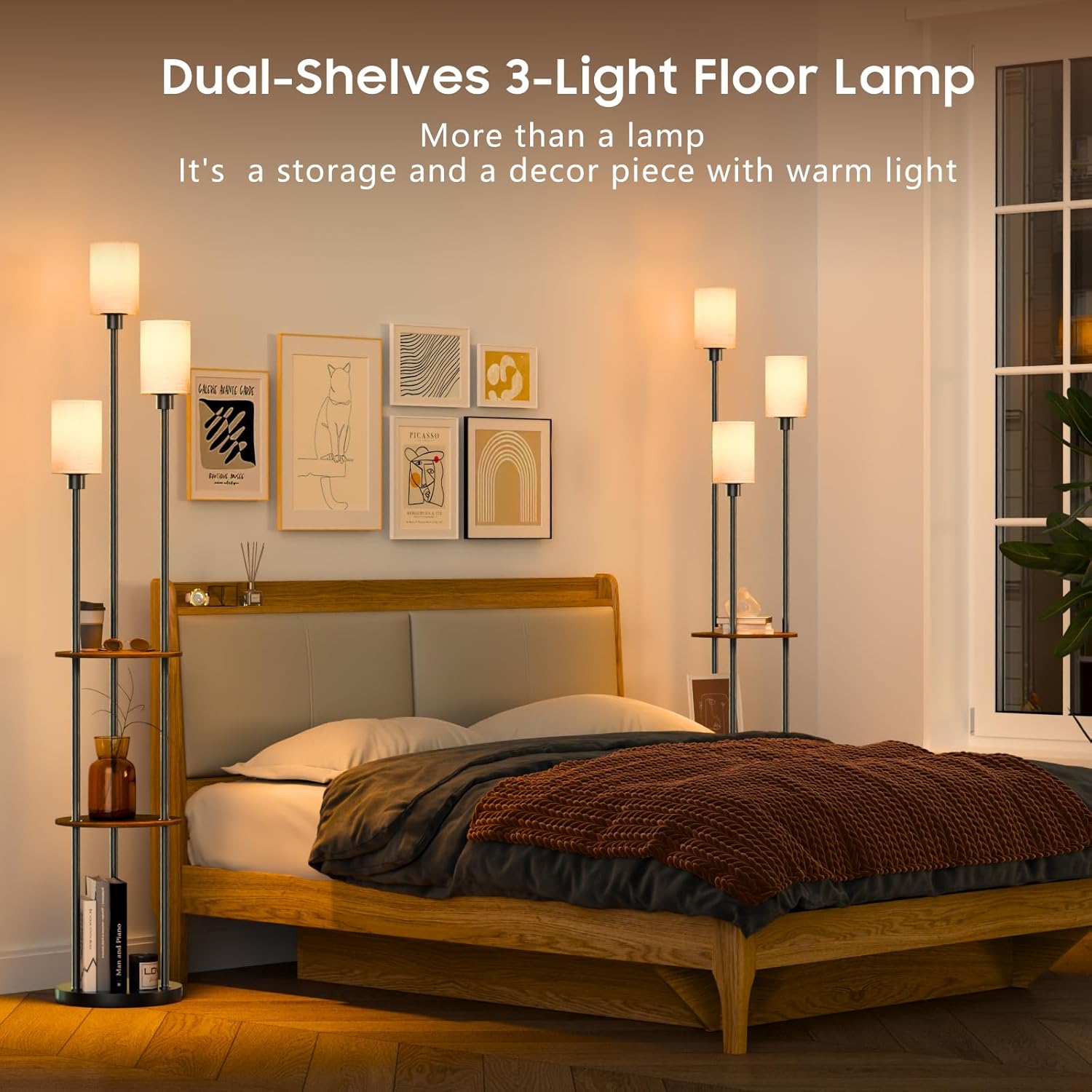 Floor Lamp with Shelves, Rustic Floor Lamp with Shades, 3 Light Standing Lamp with Table, 71" Tall Shelf Lamp with 3 Bulbs, Foot Switch, Corner Lamps for Living room, Bedroom (Black-Liner)