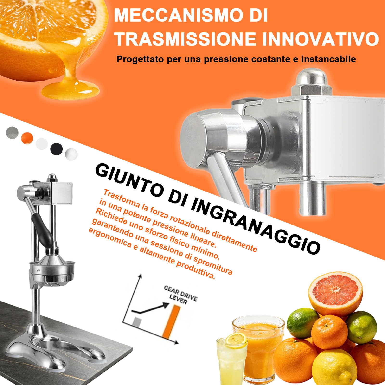 Spremiagrumi Manuale Spremiarance, Pressa in Acciaio Inox 304 con Meccanismo a Ingranaggi, Pressa per Frutta in Metallo, Colore Argento Bianco-doppiatesta