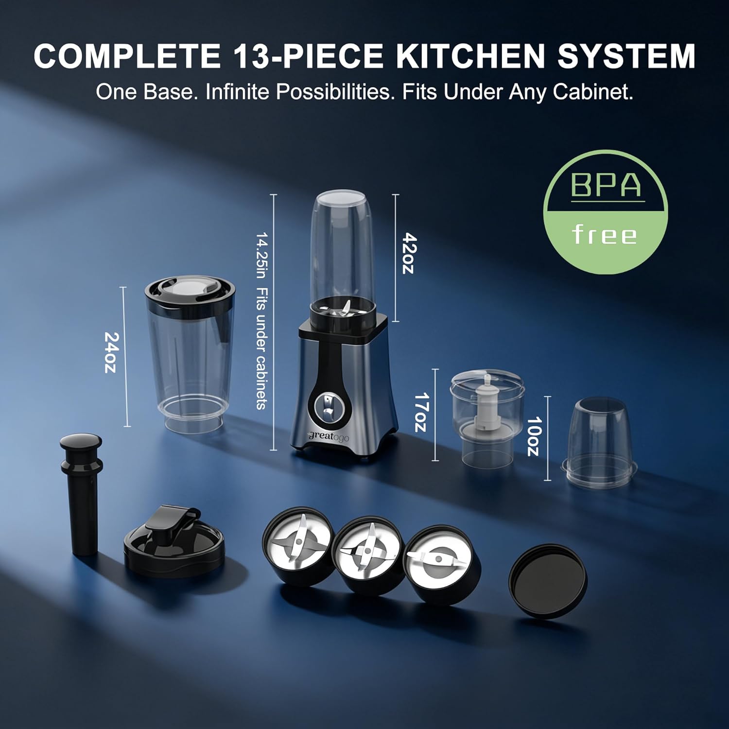 Smoothie Blender Food Processor Combo, 13 Piece All-in-One Kitchen System with Grinder Meat Chopper, 4 in 1with 4 BPA-Free Cups(10oz-42oz) Shakes,Baby Food,Blending,Dishwasher Safe,Ideal Gift - Image 5