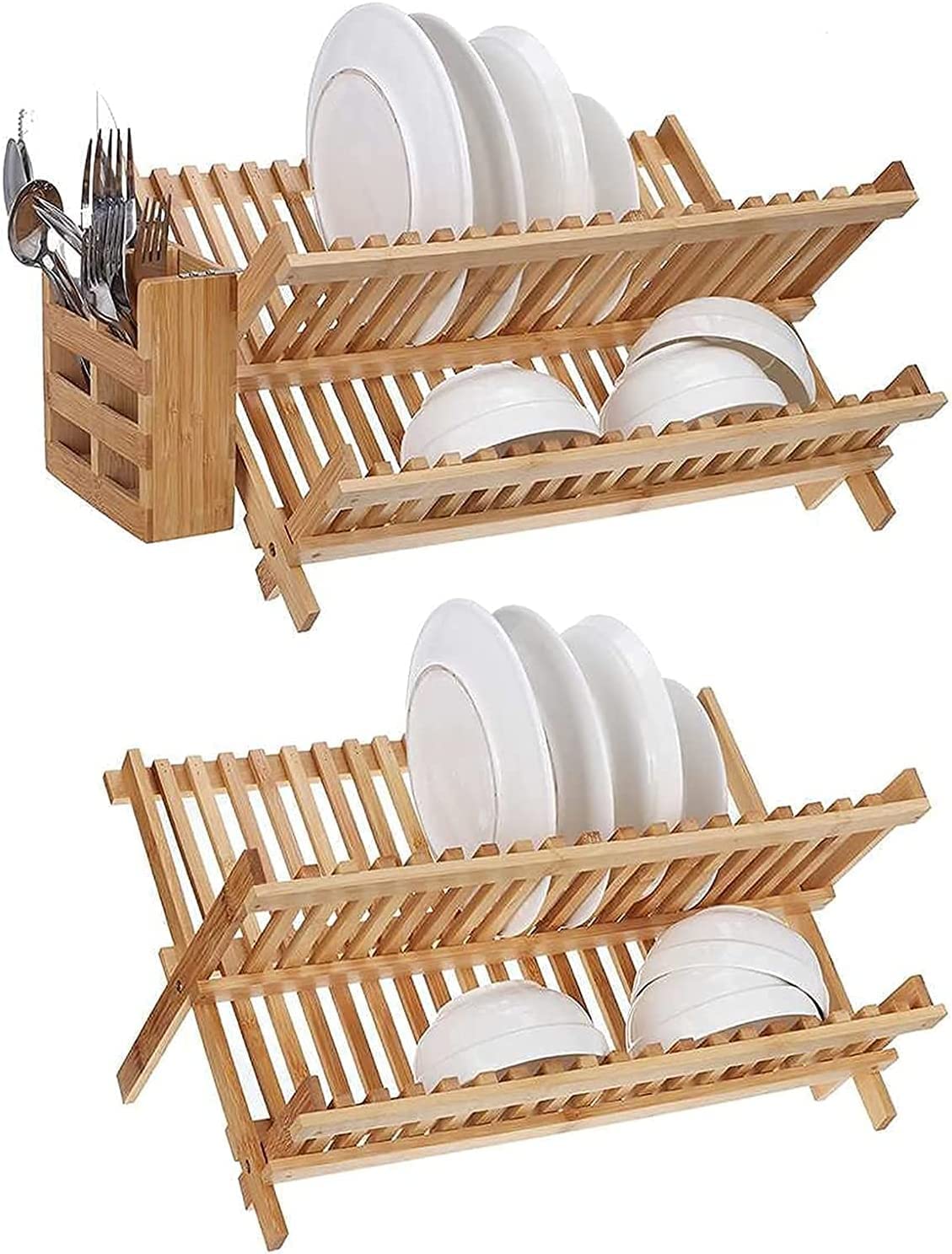 Escurridor De Platos Estante para Platos Estante para Platos De Bambú Vajilla Multifunción Rejilla De Drenaje Platos Plegables Estante De Almacenamiento Platos De Doble Capa Rejill