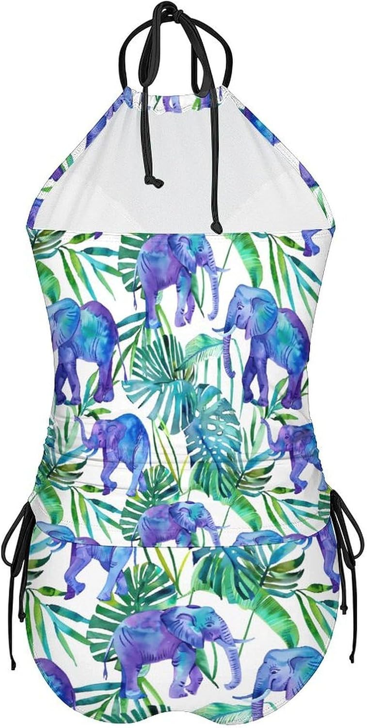 Blue Elephant Leaves Novelty Women's Swimwear Set 2 Pcs Tankini String Swimsuits Bathing Suits