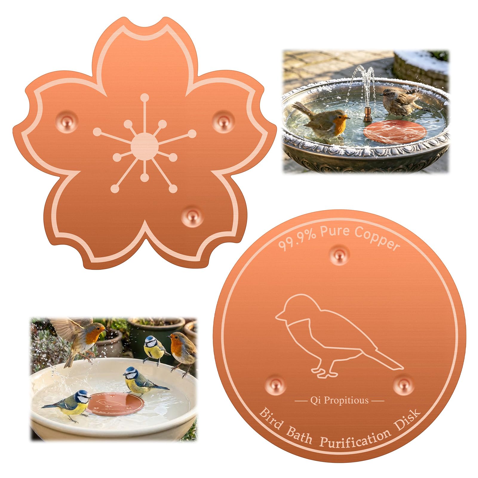 2 Pcs 99.99% Pure Copper Bird Bath Purification Disk, Copper Disc for Bird Bath 3-Point Support, Physical Cleaner Keeps Water Fresh All-Season Bowls Flat for Outdoor Birdbaths, Garden Fountains