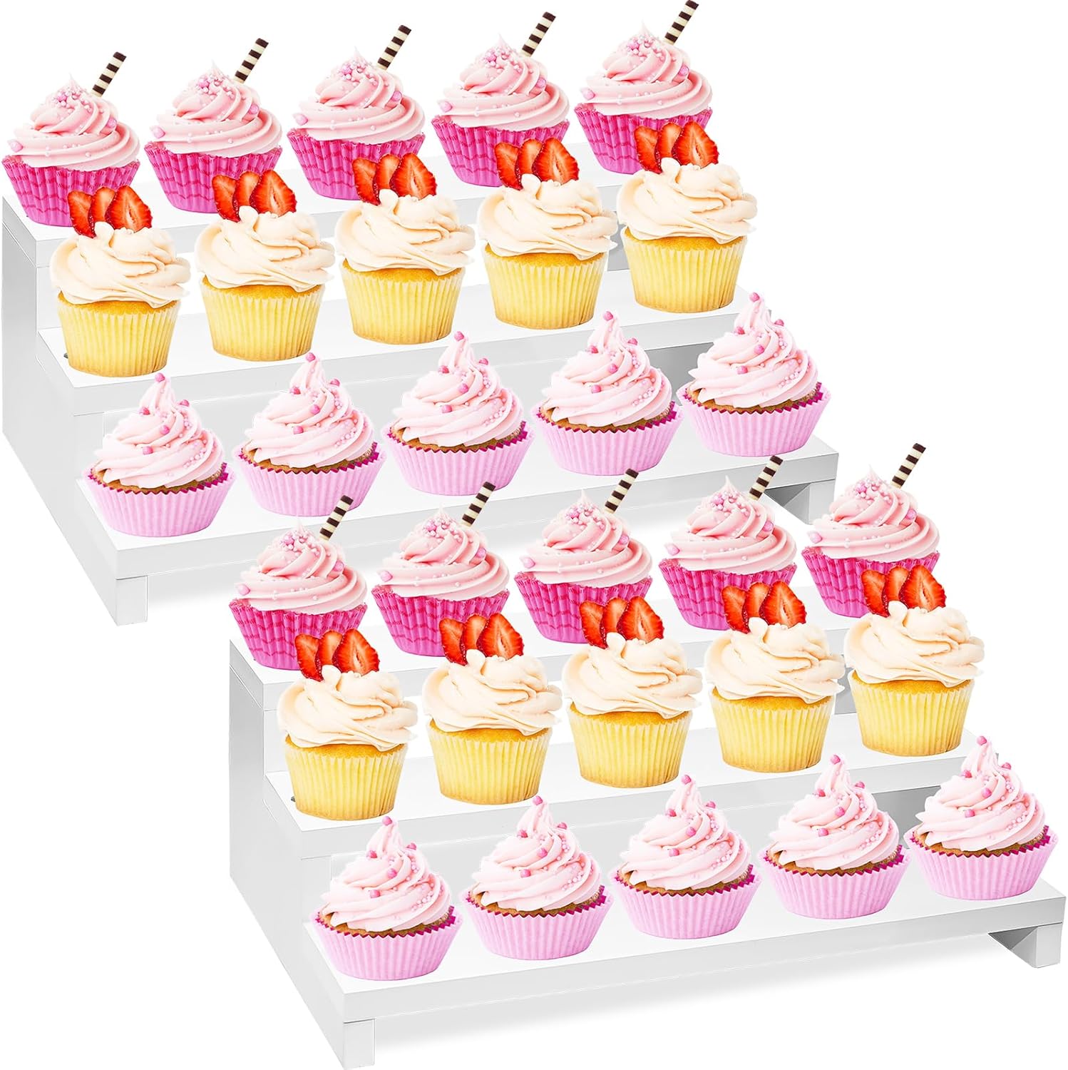 2Pcs Cupcake Stand Cake Pop Stand Holder, 3 Tier Wood Cup Cake Tier Tray Stand Tower, White Dessert Table Display Shelf Riser for Vendor Party Wedding Figures Perfume Organizer Decorative