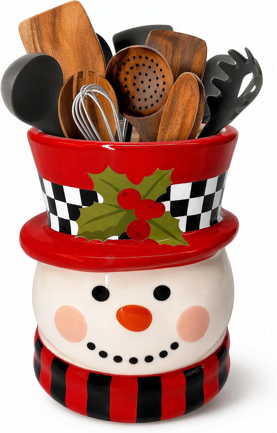 Taesun Christmas Ceramic Utensil Holder, Santa Claus Kitchen Decor, 3 Santa Countertop Storage Crock for Cooking Utensils, Baking Tools, Holiday Decoration for Xmas Home Party