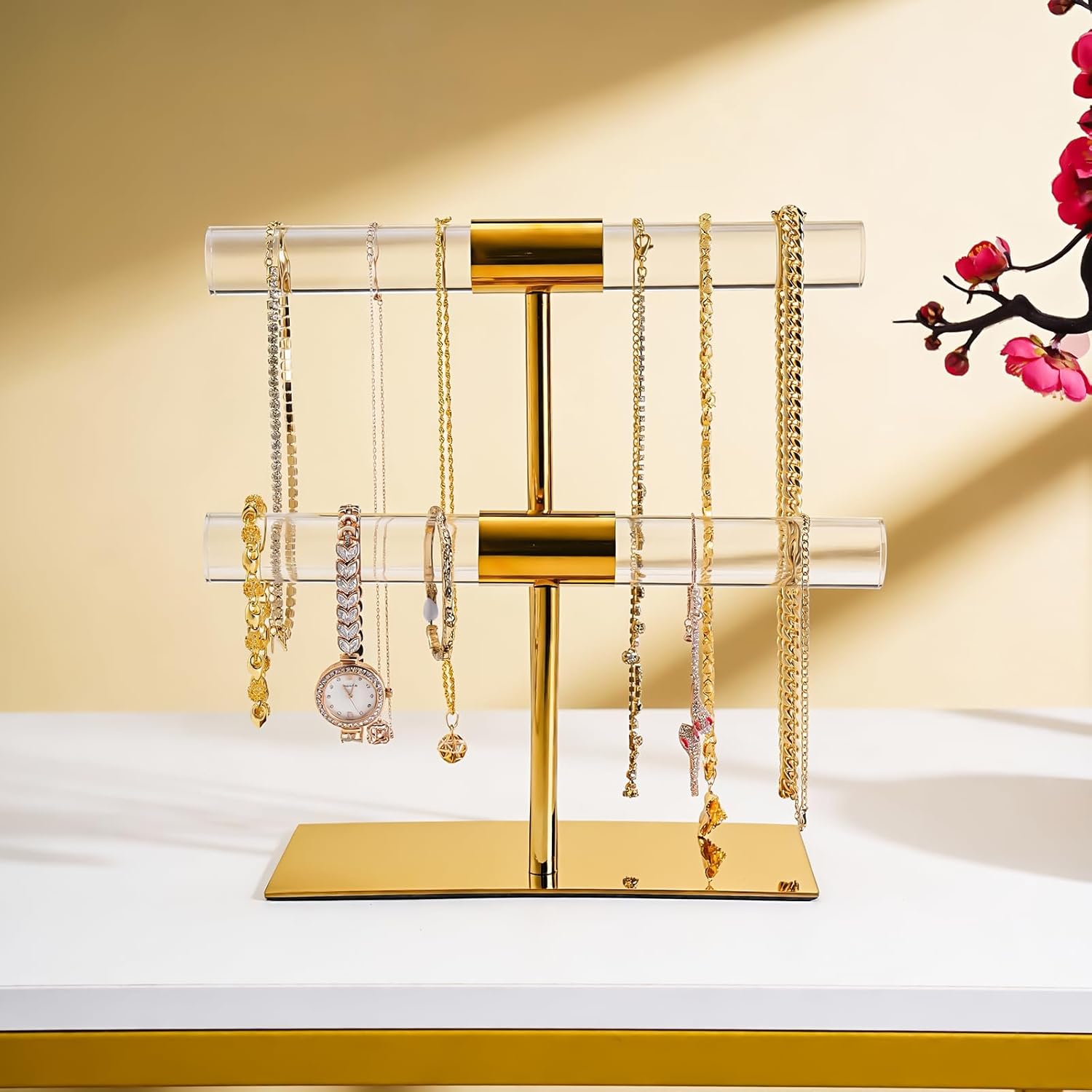 Display Stand Acrylic Jewelry Towers - Stainless Steel Long Necklaces Stand 2-Tier Crystal Tabletop Jewelry Organizer Home Decor for Store Boutique Vendors - Image 2